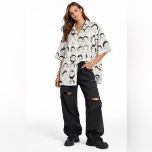 Graphic Face Print Shirt Abstract Face Print Button-Up Blouse